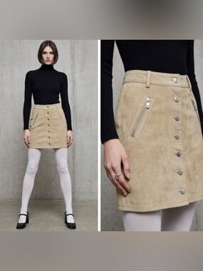 Avec Les Filles | Suede Mod-Inspired Cargo Mini Skirt in Tan/Cream - Size 2